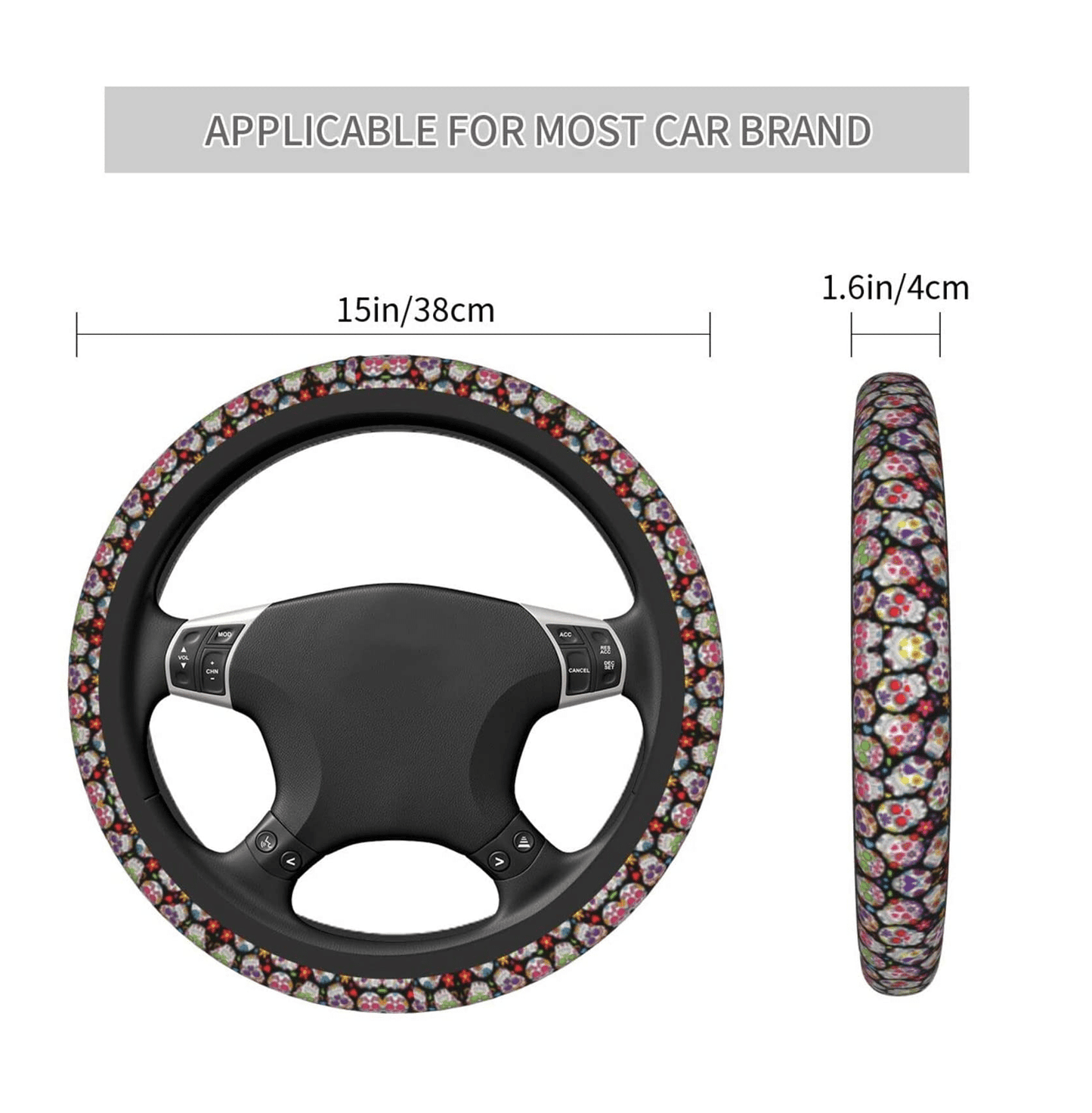 Sugar Skull Print Car Steering Wheel Cover 14-15in