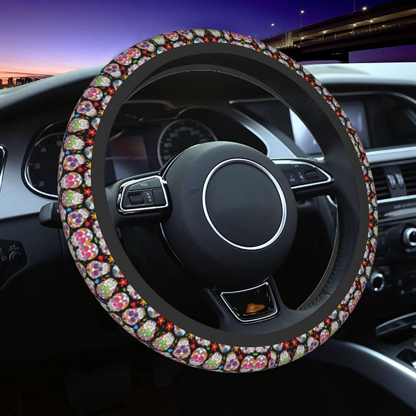 Sugar Skull Print Car Steering Wheel Cover 14-15in